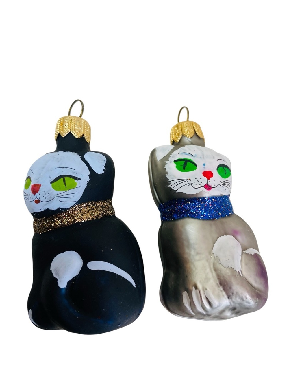 Glass Set Of 2 Cat Ornaments Black/Grey 3” x 2”